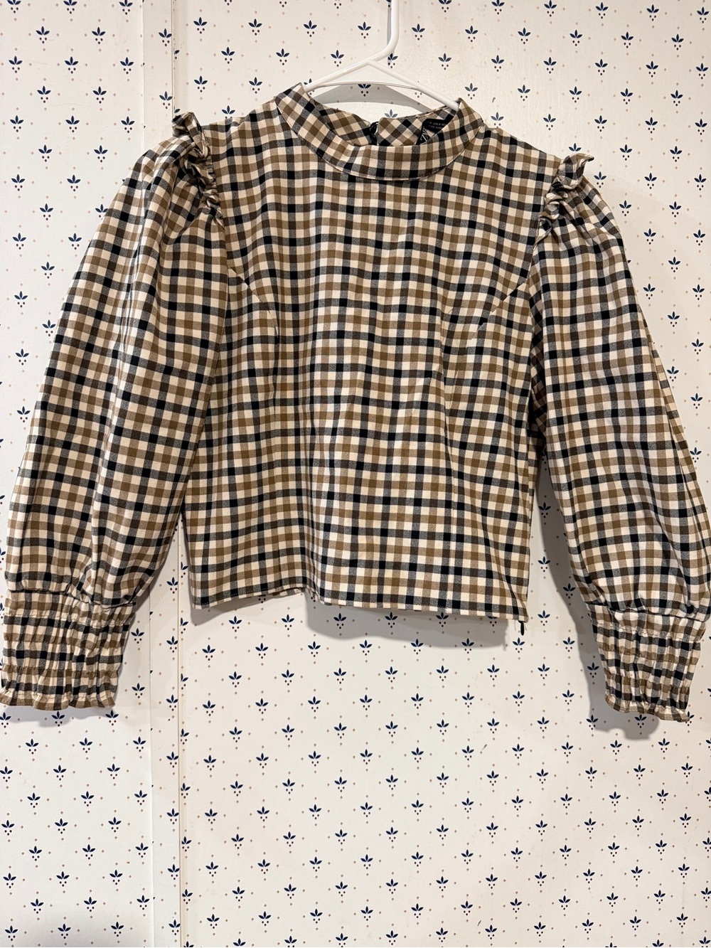 Zara Brown Black Gingham Check Mock Neck Ruffle Puff Sleeve Blouse M